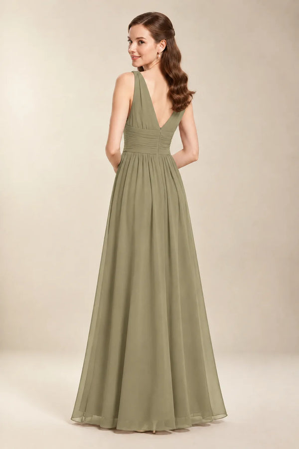Chantel Moss Green chiffon bridesmaid dress, back view