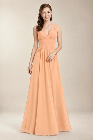 Chantel Peach chiffon bridesmaid dress, front view