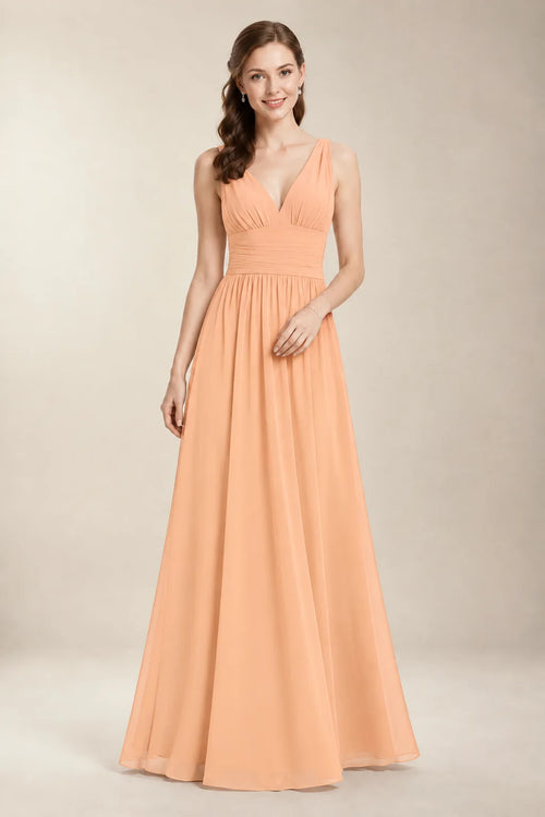 Chantel Peach chiffon bridesmaid dress, front view