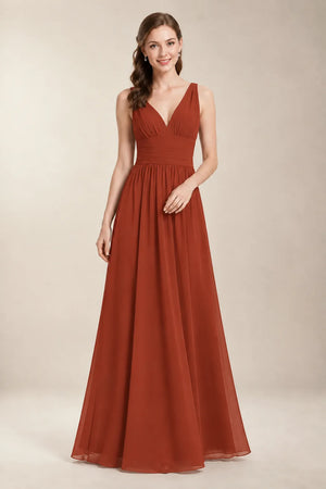 Chantel Rust chiffon bridesmaid dress, front view with ruched V-neck bodice