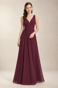 Chantel Berry chiffon bridesmaid dress, front view with ruched V-neck bodice