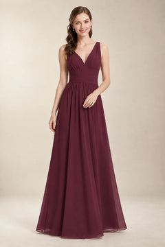 Chantel Berry chiffon bridesmaid dress, front view with ruched V-neck bodice