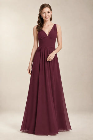 Chantel Berry chiffon bridesmaid dress, front view with ruched V-neck bodice
