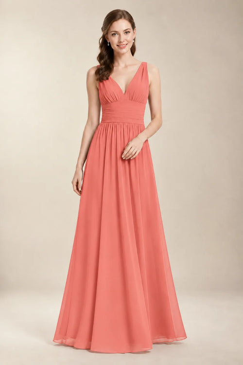 Chantel Coral chiffon bridesmaid dress, front view