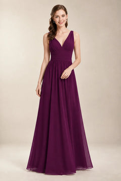 Chantel Plum chiffon bridesmaid dress, front view with ruched V-neck bodice