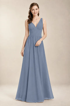 Chantel Dusty Blue chiffon floor-length bridesmaid dress, front view