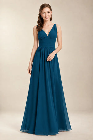 Chantel Ink Blue chiffon floor-length bridesmaid dress, front view