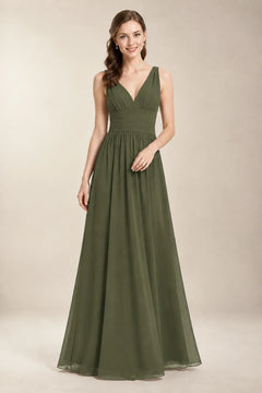 Chantel Olive Green chiffon floor-length bridesmaid dress, front view