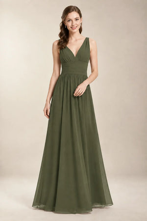 Chantel Olive Green chiffon floor-length bridesmaid dress, front view