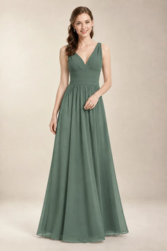 Chantel Eucalyptus chiffon bridesmaid dress, front view with ruched V-neck bodice