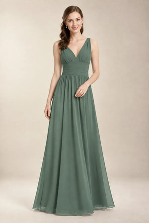 Chantel Eucalyptus chiffon bridesmaid dress, front view with ruched V-neck bodice