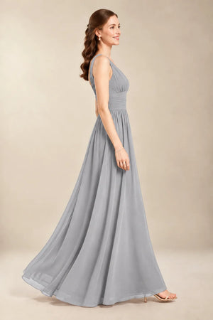 Chantel Silver chiffon bridesmaid dress, side view