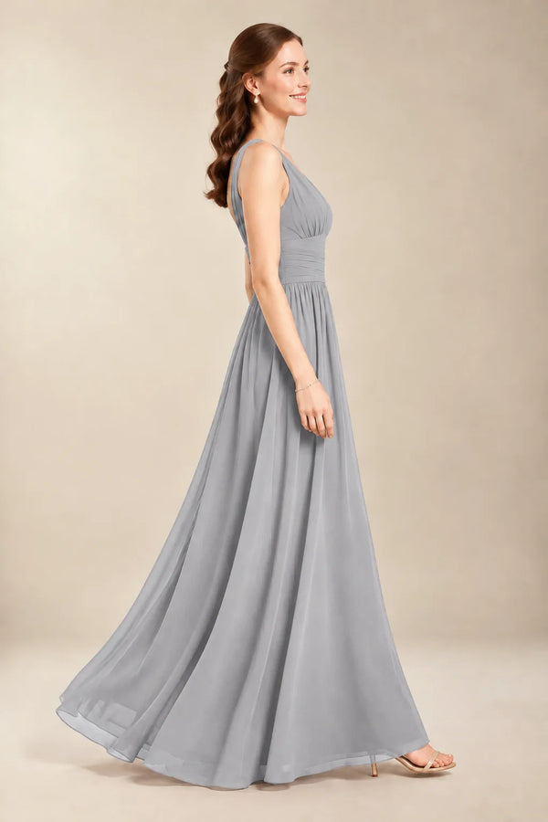 Chantel Silver chiffon bridesmaid dress, side view