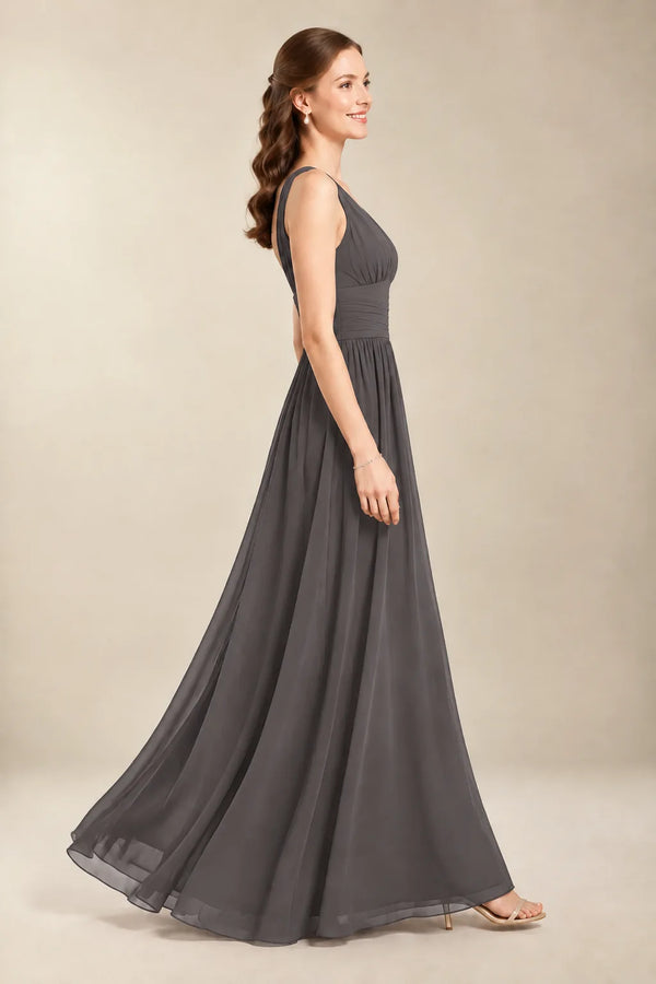 Chantel Steel Grey chiffon bridesmaid dress, side view