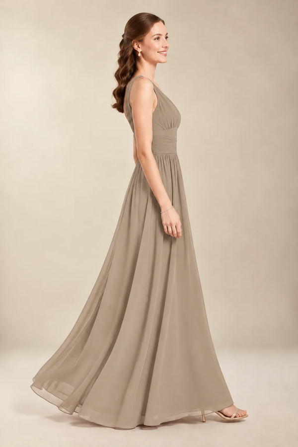 Chantel Taupe chiffon floor-length bridesmaid dress, side view