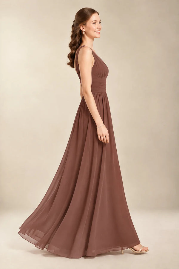Chantel Espresso chiffon bridesmaid dress, side view