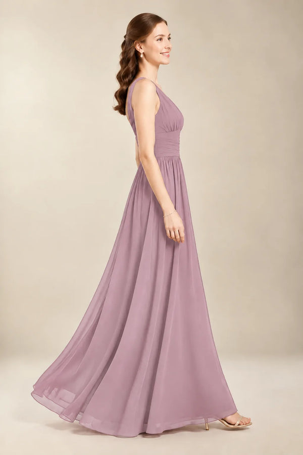 Chantel Dusk ruched V-neck chiffon bridesmaid dress, side view