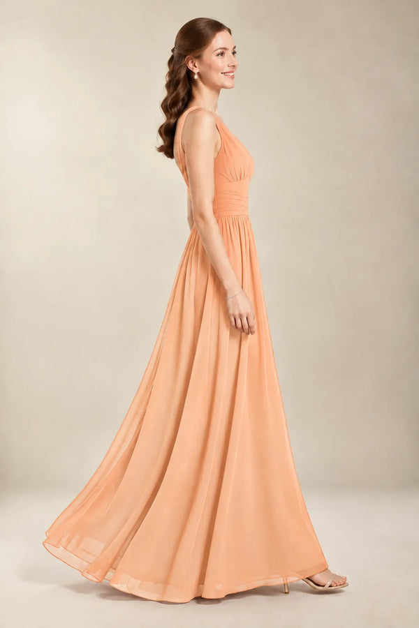 Chantel Peach chiffon bridesmaid dress, side view