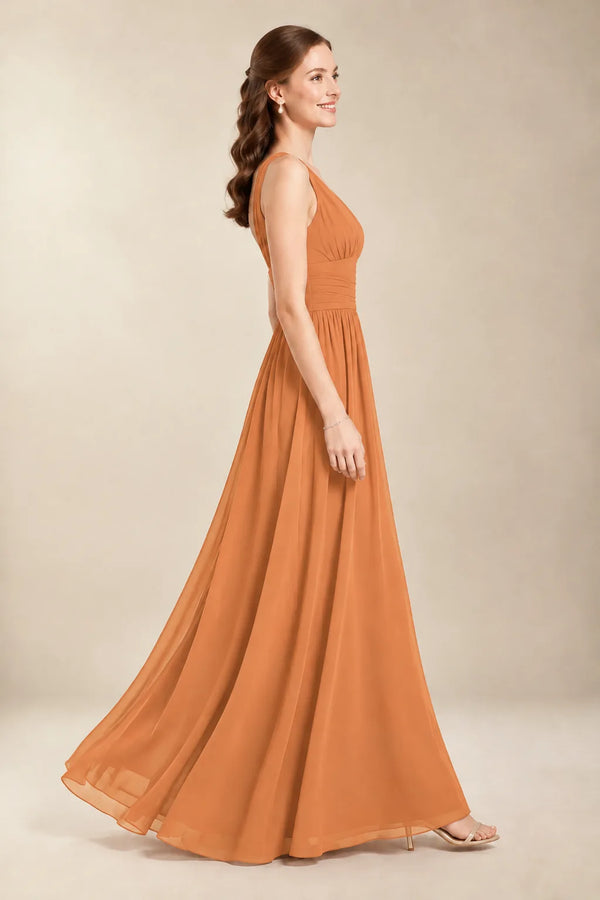 Chantel Apricot chiffon floor-length bridesmaid dress, side view