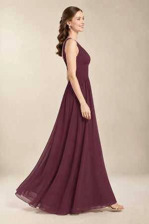 Chantel Berry chiffon bridesmaid dress, side view of flowing floor-length skirt