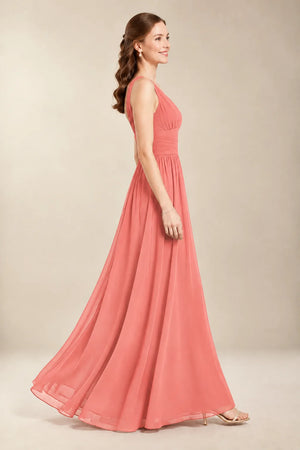 Chantel Coral chiffon bridesmaid dress, side view