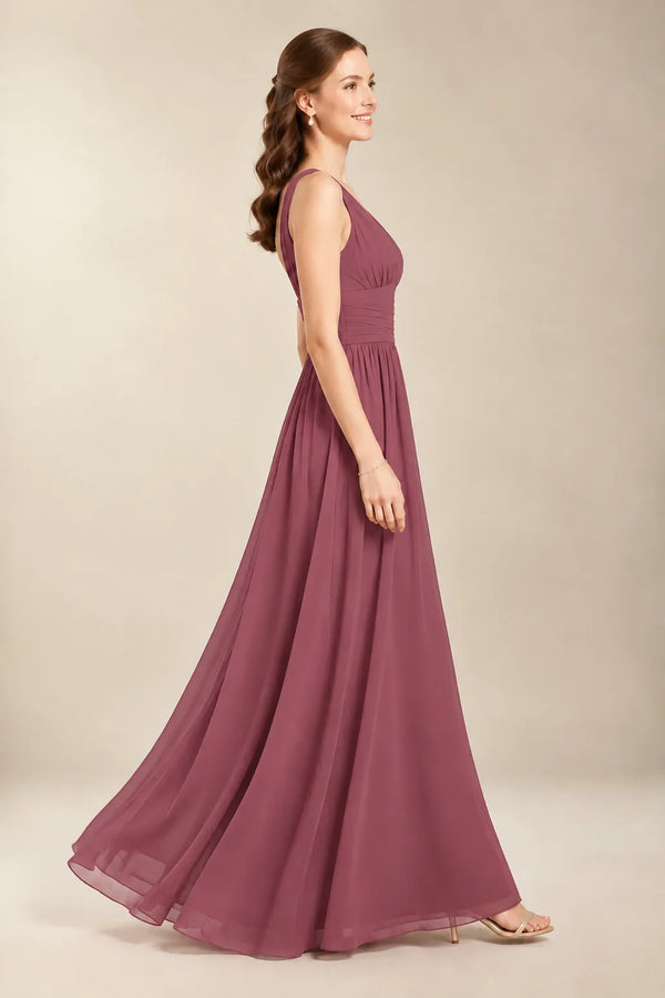Chantel Desert Rose chiffon floor-length bridesmaid dress, side view