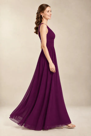 Chantel Plum chiffon bridesmaid dress, side view of flowing floor-length skirt