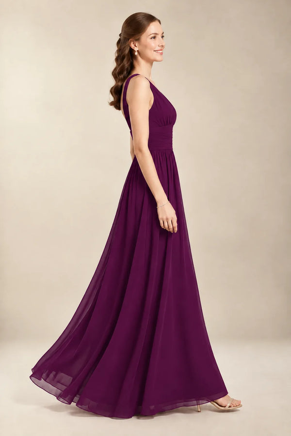 Chantel Plum chiffon bridesmaid dress, side view of flowing floor-length skirt