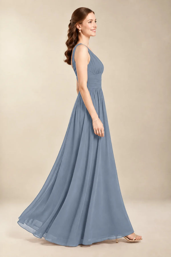 Chantel Dusty Blue chiffon floor-length bridesmaid dress, side view