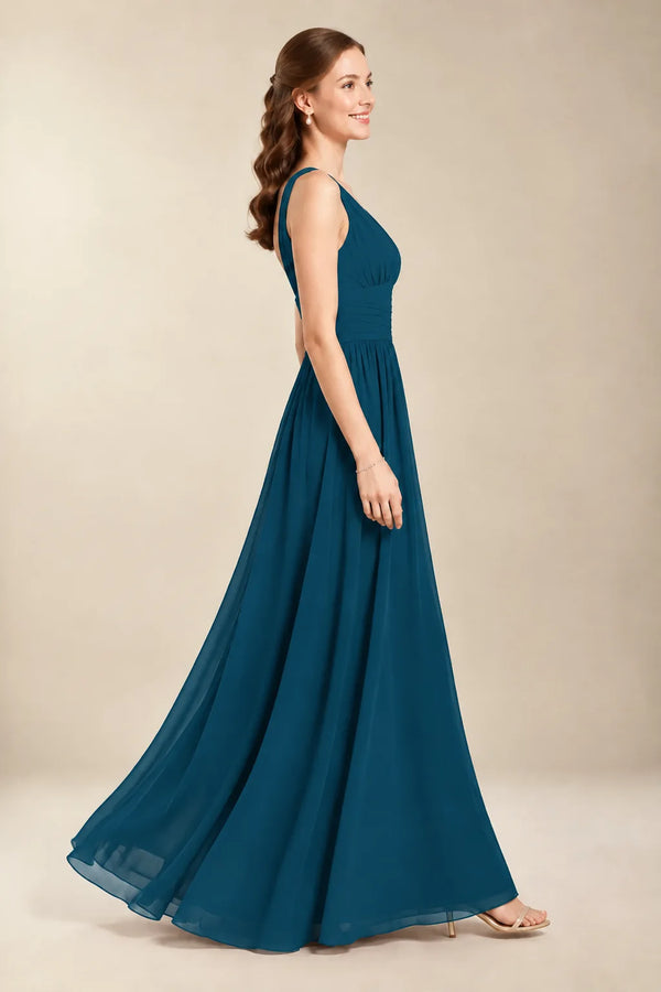 Chantel Ink Blue chiffon floor-length bridesmaid dress, side view
