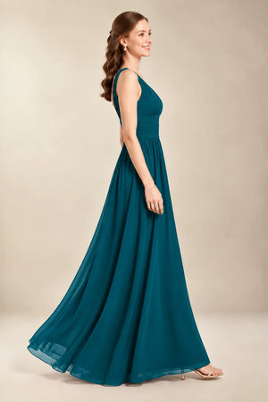 Chantel Peacock chiffon bridesmaid dress, side view