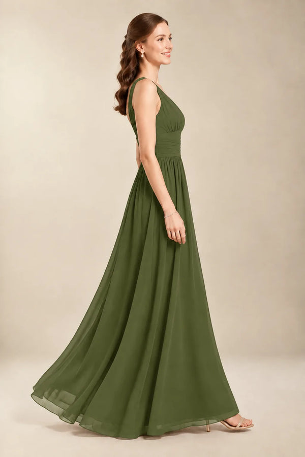 Chantel Olive Green chiffon floor-length bridesmaid dress, side view