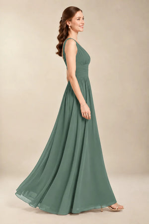 Chantel Eucalyptus chiffon bridesmaid dress, side view of flowing floor-length skirt