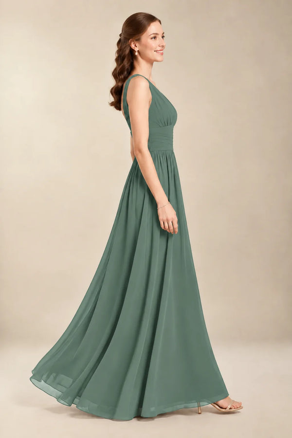 Chantel Eucalyptus chiffon bridesmaid dress, side view of flowing floor-length skirt