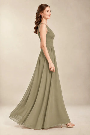 Chantel Moss Green chiffon bridesmaid dress, side view