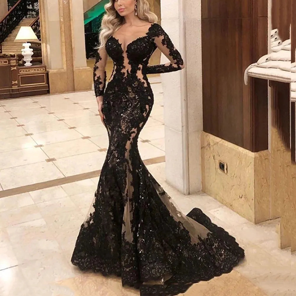 Long Sleeves Mermaid Lace Appliques Black Prom /Evening Dress Main image