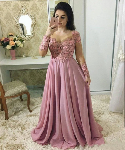 Pink Lace Appliques Chiffon Mother of The Bride Dresses