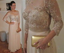 Round Neck Pearls Appliques Champagne Chiffon Mother of Bride Dresses