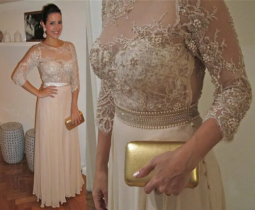 Round Neck Pearls Appliques Champagne Chiffon Mother of Bride Dresses