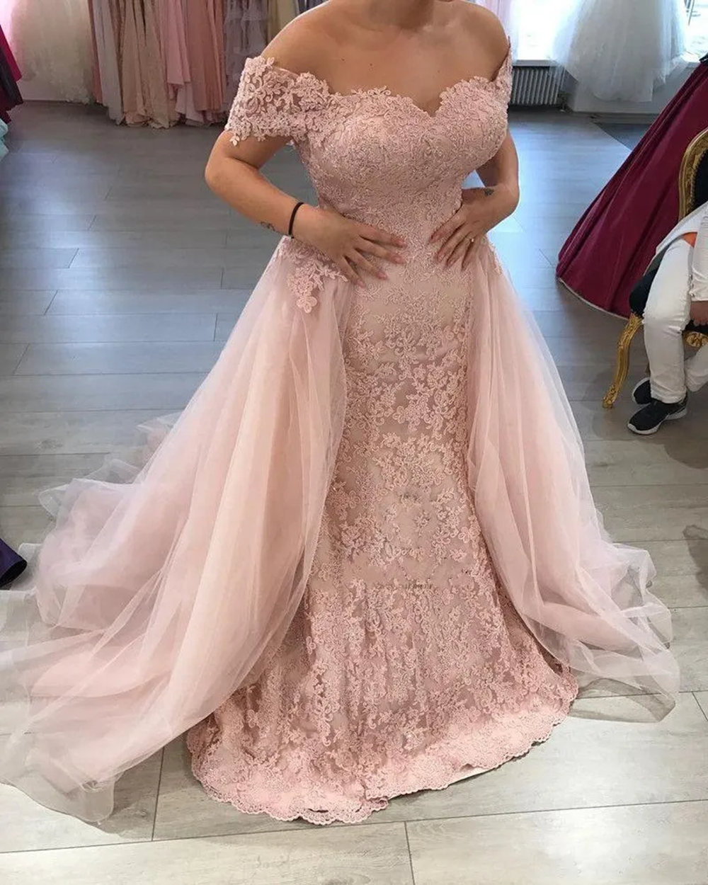 Off The Shoulder Lace Appliqued Pink Prom Dresses with Detachable Overskirt