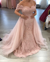 Off The Shoulder Lace Appliqued Pink Prom Dresses with Detachable Overskirt