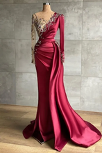 V-Neck Long Sleeve Satin Mermaid Burgundy Evening Dresses