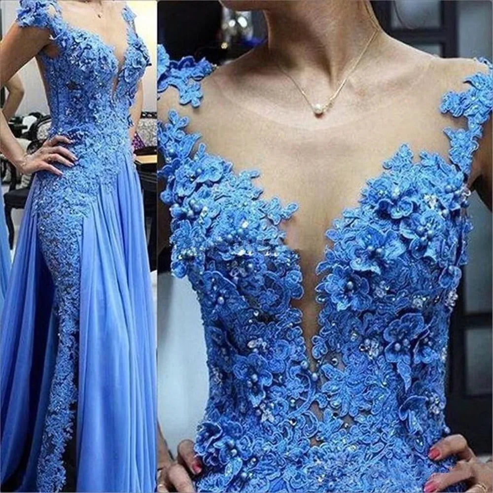 Blue Lace Applique Crystal Beading Mermaid Prom Dress Main image