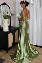 Thin-Strapped Satin Lace Appliques Slit Mermaid Prom Evening Dress