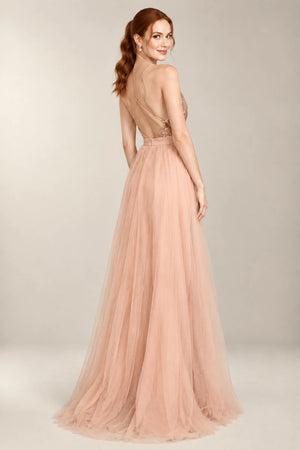 Crisscross-Back Sequin and Tulle A-Line Prom Dress