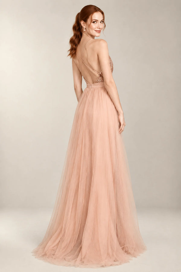 Crisscross-Back Sequin and Tulle A-Line Prom Dress