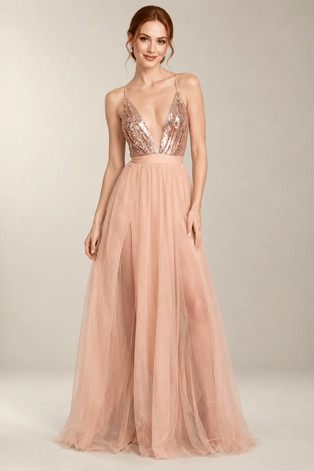 Pink and Gold Crisscross-Back Sequin and Tulle A-Line Prom Dress