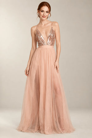 Crisscross-Back Sequin and Tulle A-Line Prom Dress