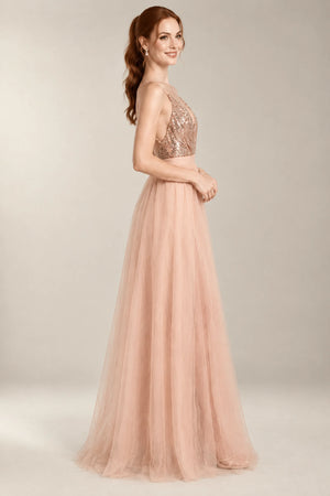 Crisscross-Back Sequin and Tulle A-Line Prom Dress