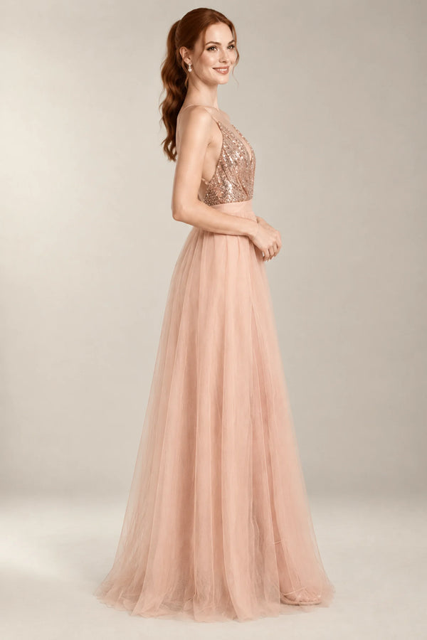Crisscross-Back Sequin and Tulle A-Line Prom Dress